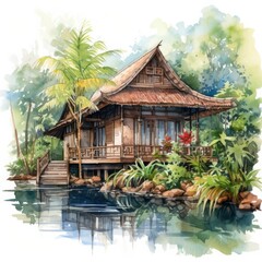 A watercolored bright serene image of a traditional bahay kubo.