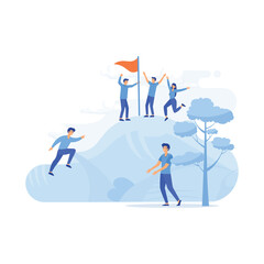 Business people characters climb top peak landing page flat vector illustration concept. flat vector modern illustration 