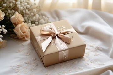 Gift or present box in craft packaging and flower, side view. Greeting card.