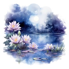 Floral Moon and Water Lilies on a white background.