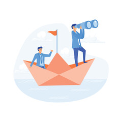 businessman leader with binoculars lead business team sailing origami ship. flat vector modern illustration 