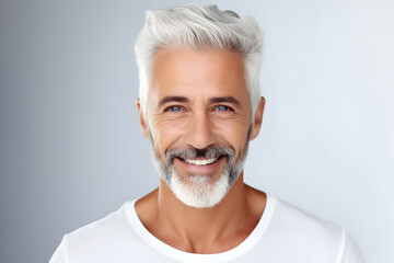 Confident mature man with a radiant smile, perfect for dental ads. Clean teeth, stylish hair, and strong jawline. Isolated on white. High-quality portrait. Generative AI.