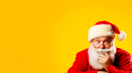 Fototapeta na wymiar Smiling elderly gray-haired mustache bearded Santa man in Christmas hat posing isolated on yellow wall background, studio portrait. Ai generated