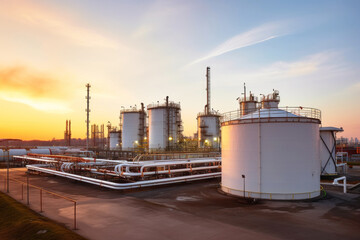 Fototapeta premium Oil refinery plant from industry zone, Aerial view oil and gas industrial, Refinery factory oil storage tank and pipeline steel at sunset. Smoke from the pipes.