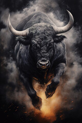 Black bull running in the clouds of dust, stunning illustration, dark background