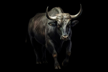 Naklejka premium Black massive bull running in the clouds of dust, stunning illustration, dark background