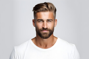 Confident man with perfect smile, ideal for dental ads. Stylish with strong jawline, isolated on white. Generative AI.