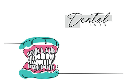 line art of Orthodontic treatment. Dentists day and respect for their services to humanity. Dental procedures vector art concept. Isolated vector of teeth and jaws. Retainers braces denture