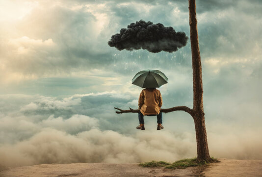 A Man In A Tree With A Black Cloud Above His Head. Mental Health Concept. Problems Are Only In The Head