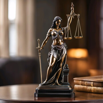 Estatuilla con espada y balanza representando a la justicia sobre una mesa junto a unos libros 