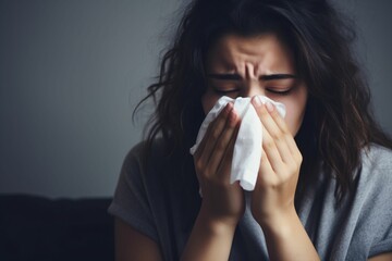 A close up of a woman having a cold and cleaning her nose with a tissue