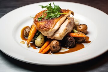 Plated chicken roast dinner on a white plate with carrot and morel mushroom.