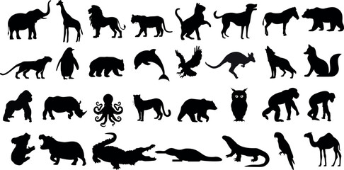 Silhouettes d’animaux diverses, illustration vectorielle sur fond blanc. Mettant en vedette des mammifères, des oiseaux, des reptiles, des créatures marines. Comprend chien, chat, cheval, aigle