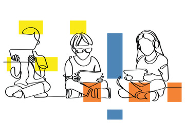 line art of a little girls and boys watching something on tablet. Excessive exposure to blue light. Kids play time concept art. Health risks of early exposure to screen. overuse of smartphones