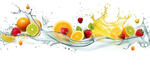 Swirl water splash with fruits. liquid flow with ice cubes and a mix of fresh fruits.