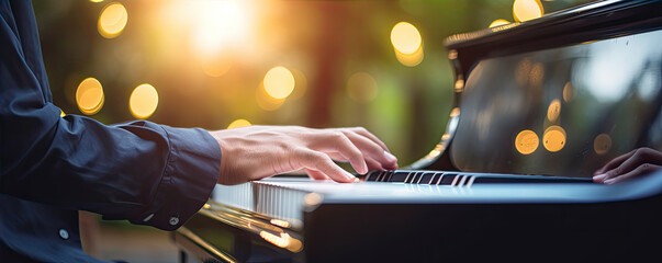 Detail on male pianist hands on piano keyboard in exterior green forest background. copy space for text.