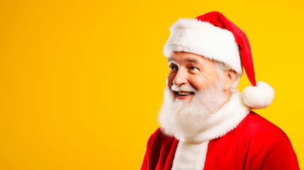 Fototapeta na wymiar Smiling elderly gray-haired mustache bearded Santa man in Christmas hat posing isolated on yellow wall background, studio portrait. Ai generated
