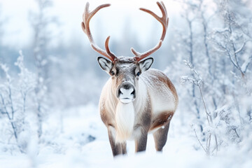 Naklejka na ściany i meble Horned reindeer in snowy Lapland, Finland. White Christmas travels at winter to Arctic.