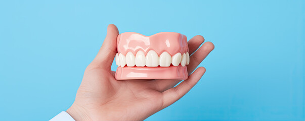 Woman Hand Holding tooth or detal model on blue background. - obrazy, fototapety, plakaty