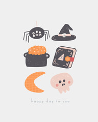 Fototapeta premium Fairy tale Halloween postcard with cute hand drawn doodle spider, hat, cauldron, spell book, moon, skull. Magical cover, page, template, banner, poster, print. Mythology enchanted background for kids