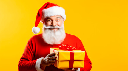 Santa Claus holding handful of Christmas presents and smiling, isolated on yellow colored background. Ai generated