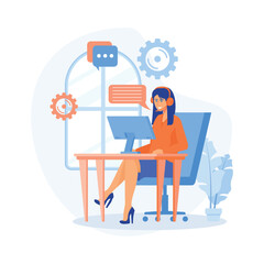 customer service, hotline operator advises customer, online global technical support 24/7, customer and operator vector. flat vector modern illustration 