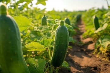 ripe cucumbers in fields, organic food. Generative AI