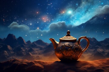 tea pot with candle on desert, mountain, starry sky, clouds. Generative AI