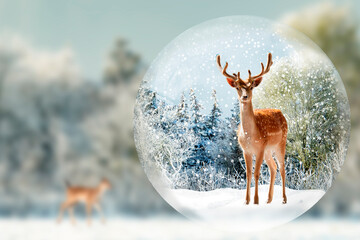 A crystal ball that reflects winter landscapes in Scandinavia with a deer standing in the snow. Can be used for Christmas cards, decoration and for presentations about nature and the environment.