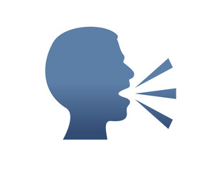 The vector gradient dark blue silhouette of speaking person head icon with lines demonstrating speech being expelled