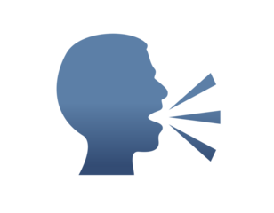 The vector gradient dark blue silhouette of speaking person head icon with lines demonstrating speech being expelled