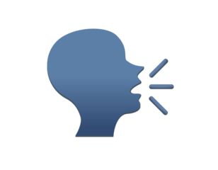 The vector gradient dark blue silhouette of speaking person head icon with lines demonstrating speech being expelled