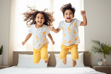 playful indian siblings jumping on the bed - obrazy, fototapety, plakaty