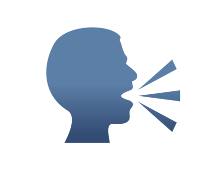 The vector gradient dark blue silhouette of speaking person head icon with lines demonstrating speech being expelled