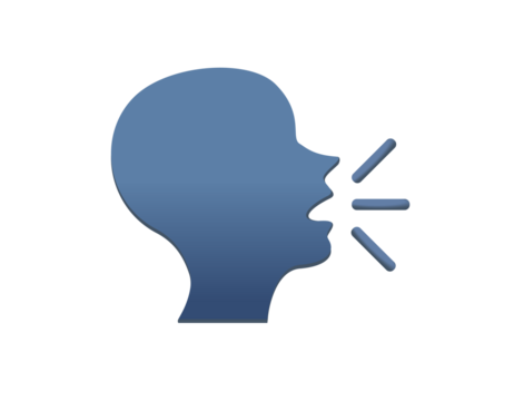 The vector gradient dark blue silhouette of speaking person head icon with lines demonstrating speech being expelled - Powered by Adobe