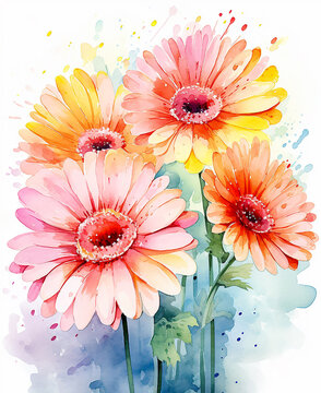 A bouquet of multicolored gerberas on a white background. Watercolour summer paint drawing. Close-up.