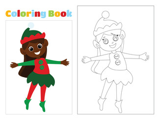 Coloring page. The Christmas elf is dressed in an elf costume and she is happy. Little cute elf girl in cartoon style. The child whirls around excitedly.
