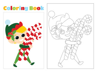 Coloring page. A happy little elf is carrying Christmas men in his hands. The boy is dressed in a traditional red and green suit. Illustration in cartoon style.