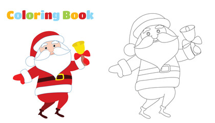 Coloring page.Santa Claus is running or dancing with a bell in his hands. Winter funny character design. Christmas illustration in cartoon flat style.