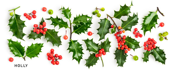 Holly leaves red berry christmas decoration collection isolated on white background .