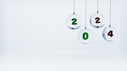 3d illustration, 2024 new year celebration letters inside the greeting crystal ball snow forest reflection on snow background.