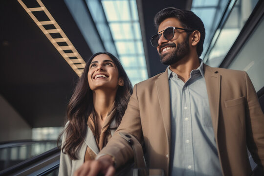 Young Indian couple standing on escalator stairs in mall. - Powered by Adobe