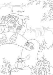 Coloring page. A small child is dressed in a ghost costume and goes to the castle on the mountain. The child is very cute and holds a pumpkin-shaped basket in her hands. 