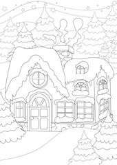 Coloring page. Night or evening on the eve of Christmas and a cozy house among fir trees. Christmas trees and the roof are covered with snow. This could be Santa Claus' house.