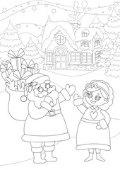 Coloring page. Santa Claus and Mrs. Santa are standing in front of their house and waving their arms against the backdrop of a fabulous winter landscape.