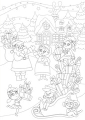 Coloring page. The scene near the house of Santa Claus. Under the evening sky stands Santa and Mrs. Santa.
