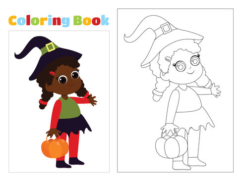 Coloring page. A witch in a hat in a costume with a basket in her hands.