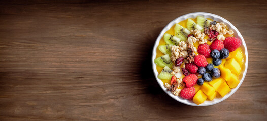 Healthy mango fruit smoothie with blueberries, raspberries, kiwi and granola. Top view on a brown wood background..