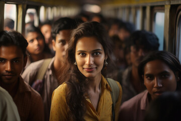 Indian young woman standing in local train