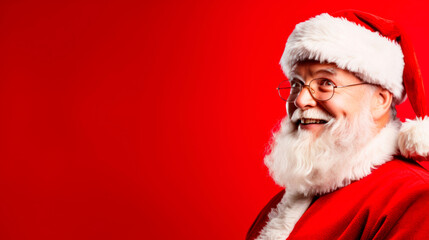 head shot of santa claus on a red studio background. Ai generated